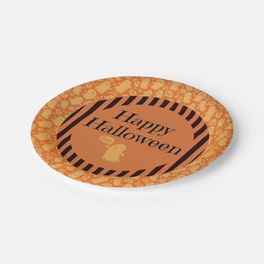 Niedliches Black Orange Ghost Happy Halloween Part Pappteller (Schrägansicht)