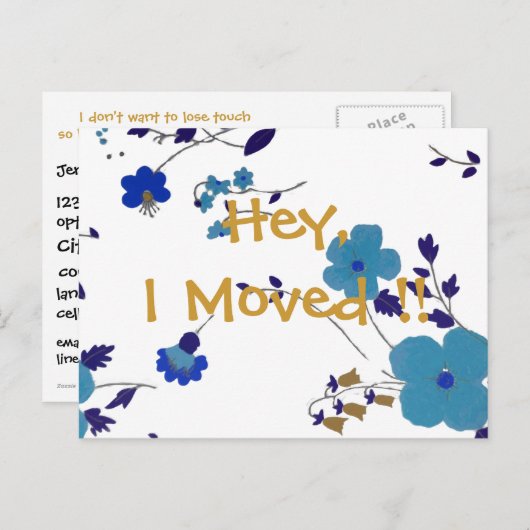 Niedliches Blau und Gold Blume Neue Adresse Ankündigungspostkarte (Vorne/Hinten)