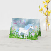 Niedliches Blau und Weiß Einhorn mit Blume Geburts Karte (Gelbe Blume)