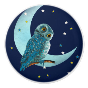 Niedliches Blauer Owl mit Mond und Sternen Keramikknauf