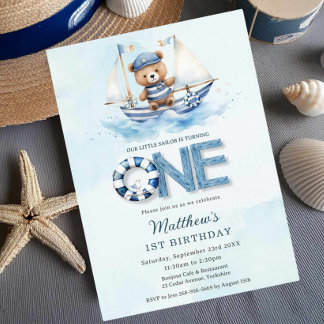 Niedliches blaues Boot Teddy Bear 1. Geburtstag Einladung