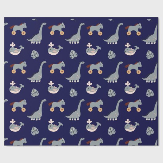 Niedliches blaues Dino Leaaf Kids Wrapping Paper Geschenkpapier (Flach)