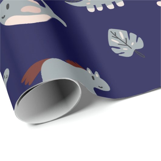 Niedliches blaues Dino Leaaf Kids Wrapping Paper Geschenkpapier (Rolleneckpunkt)