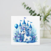Niedliches Blaues Einhorn und Märchenschloss Einladung (Stehend Vorderseite)
