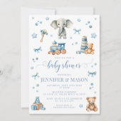 Niedliches blaues Elefantenspielzeug Kinderdusche  Einladung (Vorderseite)