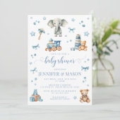 Niedliches blaues Elefantenspielzeug Kinderdusche Einladung (Stehend Vorderseite)