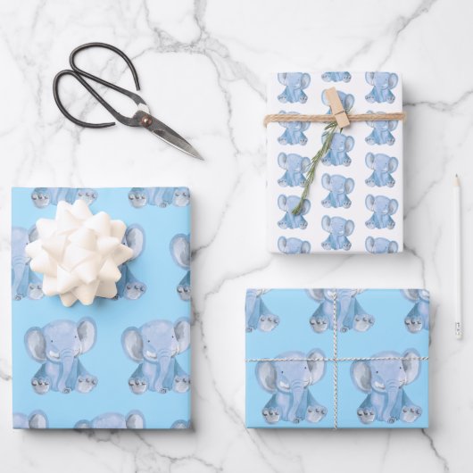 Niedliches blaues Elephant Wrapping Paper-Set Geschenkpapier Set (Vorderseite)