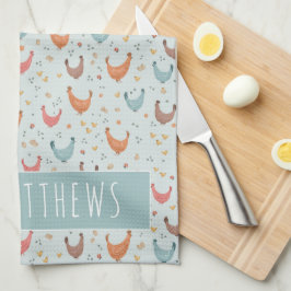 Niedliches Blaues Familienname Hühnerbaummuster Geschirrtuch