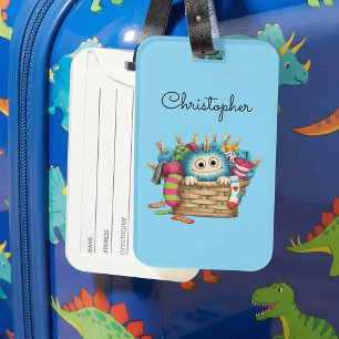 Niedliches blaues flauschiges Sockenmonster-Kinder Gepäckanhänger