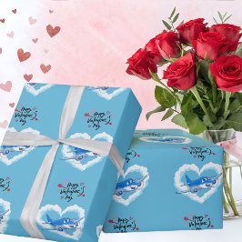 Niedliches blaues Flugzeug und Wolken, kids-Valent Geschenkpapier
