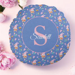 Niedliches blaues Gartenmuster Monogram Name Rundes Kissen