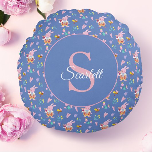 Niedliches blaues Gartenmuster Monogram Name Rundes Kissen