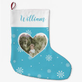Niedliches blaues Herz, Schneeflocken Weihnachten  Großer Weihnachtsstrumpf (Vorderseite)