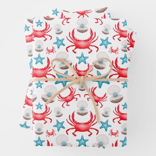 Niedliches blaues Küstengewässer Krebse und Musche Geschenkpapier Set (Beispiel)