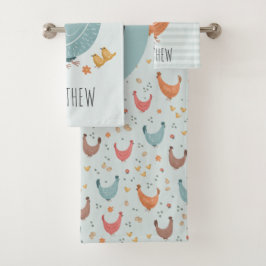 Niedliches Blaues Monogramm Hühnerfarmen-Muster Ki Badhandtuch Set