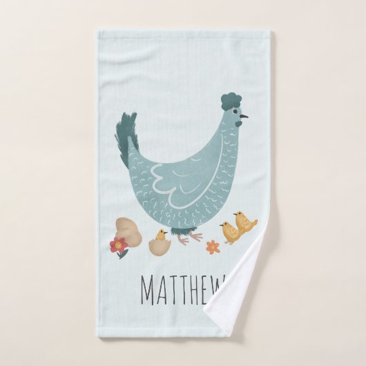 Niedliches Blaues Monogramm Hühnerfarmen-Muster Ki Badhandtuch Set (Handtuch)