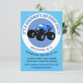 Niedliches blaues Monster-LKW-Cartoon Einladung (Stehend Vorderseite)