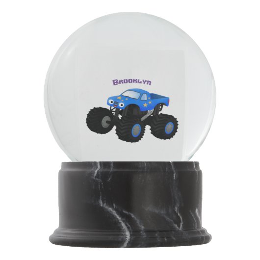 Niedliches blaues Monster-LKW-Cartoon Schneekugel (Vorderseite)