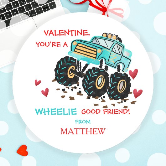 Niedliches Blaues Monster Truck Schule Valentine Runder Aufkleber