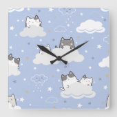 Niedliches blaues Muster Kitten Cloud Quadratische Wanduhr (Vorderseite)