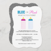 Niedliches blaues oder rosa Baby Flasche Geschlech Einladung (Vorne/Hinten)