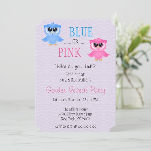 Niedliches blaues oder rosa Eulen-Geschlecht Einladung (Stehend Vorderseite)