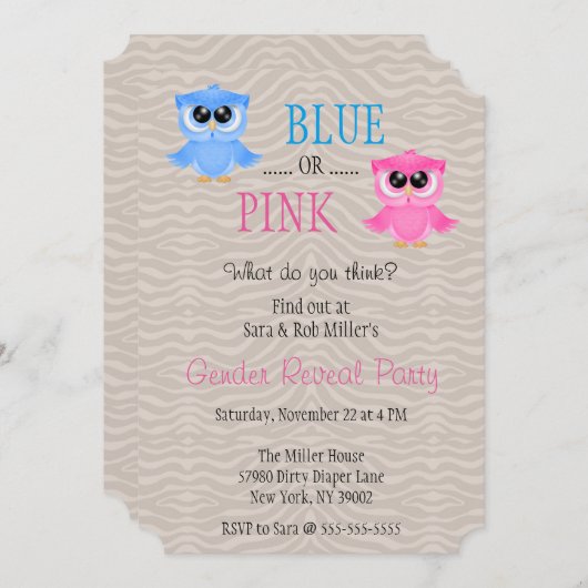 Niedliches blaues oder rosafarbenes Eule-Geschlech Einladung (Vorne/Hinten)