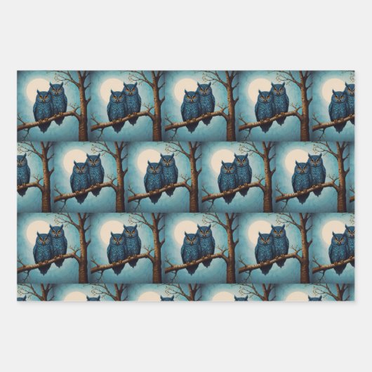 Niedliches blaues Paar von Eulen auf einem Zweig Geschenkpapier Set (Vorderseite 2)
