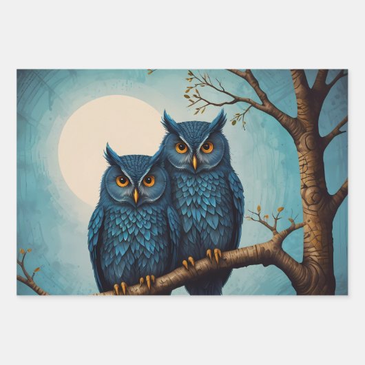 Niedliches blaues Paar von Eulen auf einem Zweig Geschenkpapier Set (Vorderseite)
