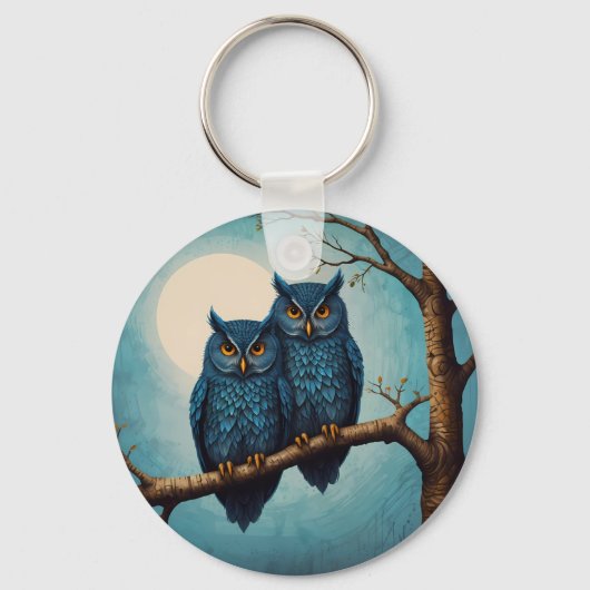 Niedliches blaues Paar von Eulen auf einem Zweig Schlüsselanhänger (Vorderseite)