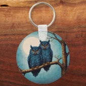 Niedliches blaues Paar von Eulen auf einem Zweig Schlüsselanhänger (Vorderseite)