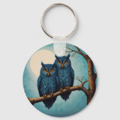 Niedliches blaues Paar von Eulen auf einem Zweig Schlüsselanhänger (Rückseite)