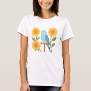 Niedliches Blaues Parakeet Sonnenblumen Blumenvoge T-Shirt