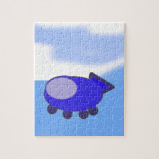 Niedliches blaues Raumschiff auf den blauen Wolken Puzzle
