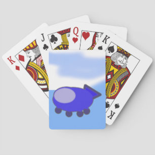 Niedliches blaues Raumschiff auf den blauen Wolken Spielkarten
