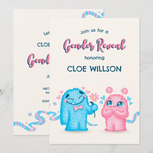 Niedliches blaues Rosa Monstergeschlecht zeigt Bab Einladung (Vorne/Hinten)