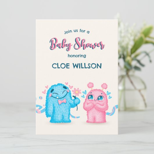 Niedliches blaues Rosa Monstergeschlecht zeigt Bab Einladung (Stehend Vorderseite)