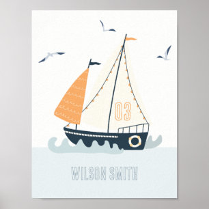 Niedliches blaues Sailboat Pastell Kinder Kinderzi Poster