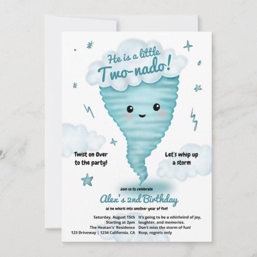 Niedliches blaues Tornado Themenwoche 2. Geburtsta Einladung (Vorderseite)