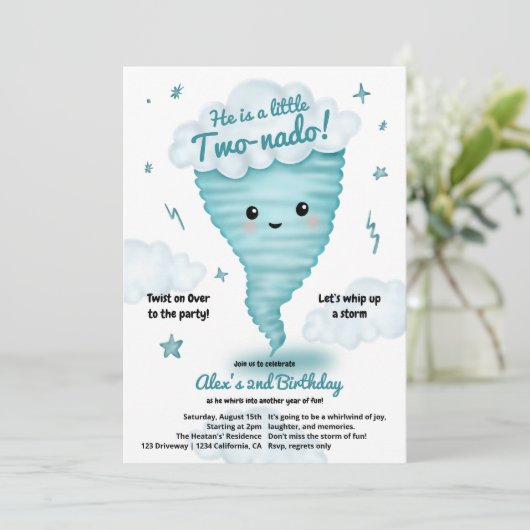 Niedliches blaues Tornado Themenwoche 2. Geburtsta Einladung (Stehend Vorderseite)