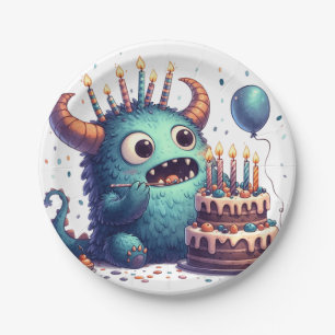 Niedliches Blaumonster mit Geburtstagskuchen Pappteller