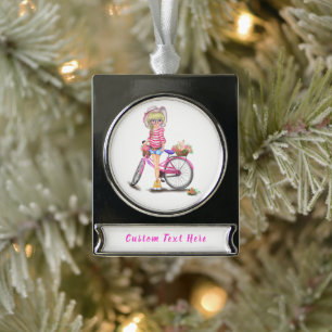 Niedliches Blonde Girl mit rosa Bike - Benutzerdef Banner-Ornament Silber