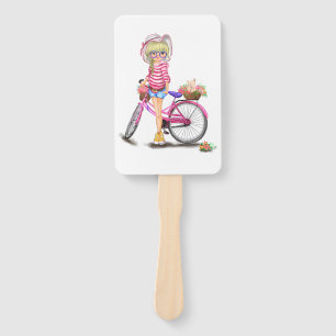 Niedliches Blonde Girl mit rosa Bike und Katze in Fächer