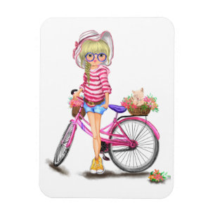 Niedliches Blonde Girl mit rosa Bike und Katze in Magnet