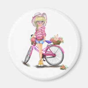 Niedliches Blonde Girl mit rosa Bike und Katze in Magnet