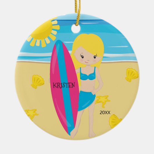 Niedliches BlondeSurfer Mädchen-personalisiertes Keramikornament (Vorne)