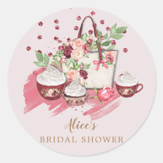 niedliches blorales Cupcake Brautparty rosa Monogr Runder Aufkleber