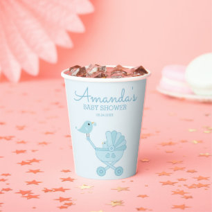 Niedliches Blue Bird Baby Carriage Baby Dusche Par Pappbecher