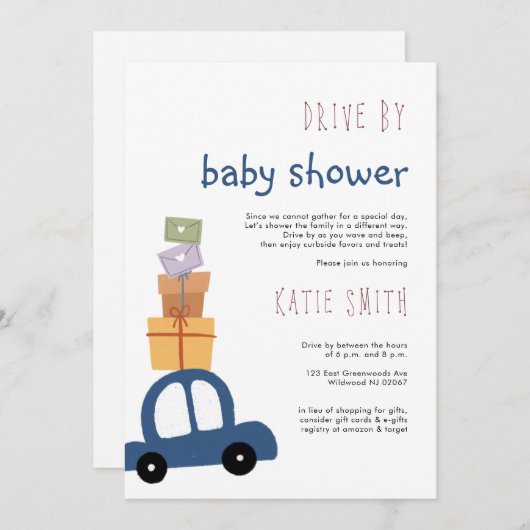 Niedliches Blue Car mit Geschenkprogramm Drive by Einladung (Vorne/Hinten)
