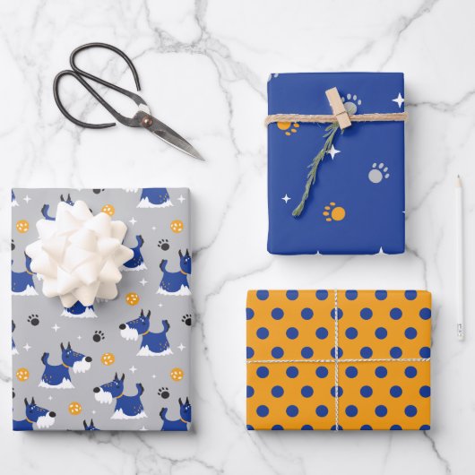 Niedliches Blue Dog Paws Wrapping Paper Set 3 Geschenkpapier Set (Vorderseite)